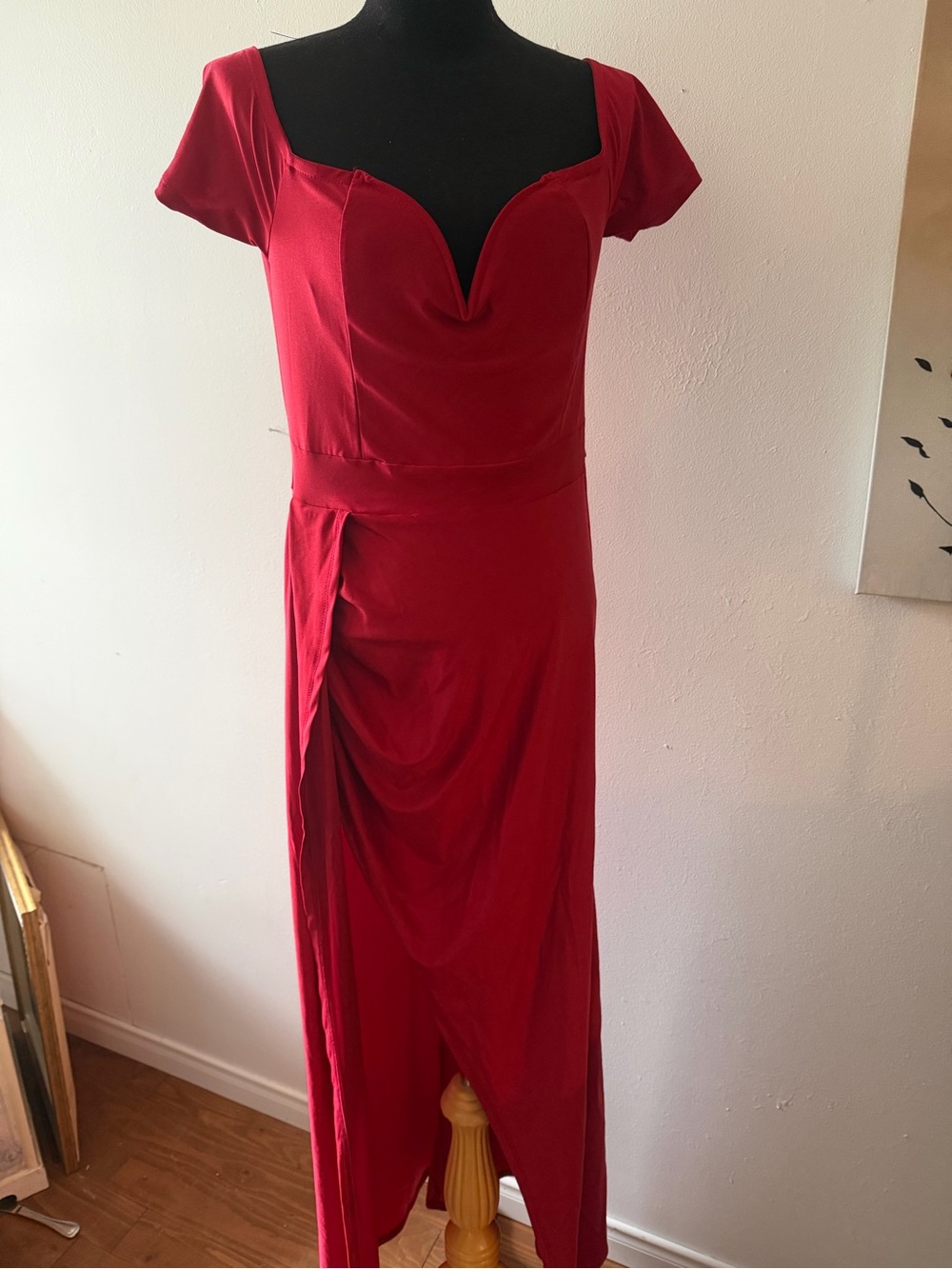 SHEIN Red Cap-Sleeve Maxi Dress with Drape Front